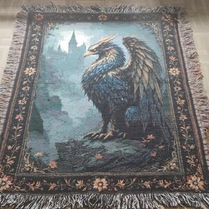 Griffin Castle Woven Throw Blanket Tapestry Mythical Medieval Castle 37"×52"